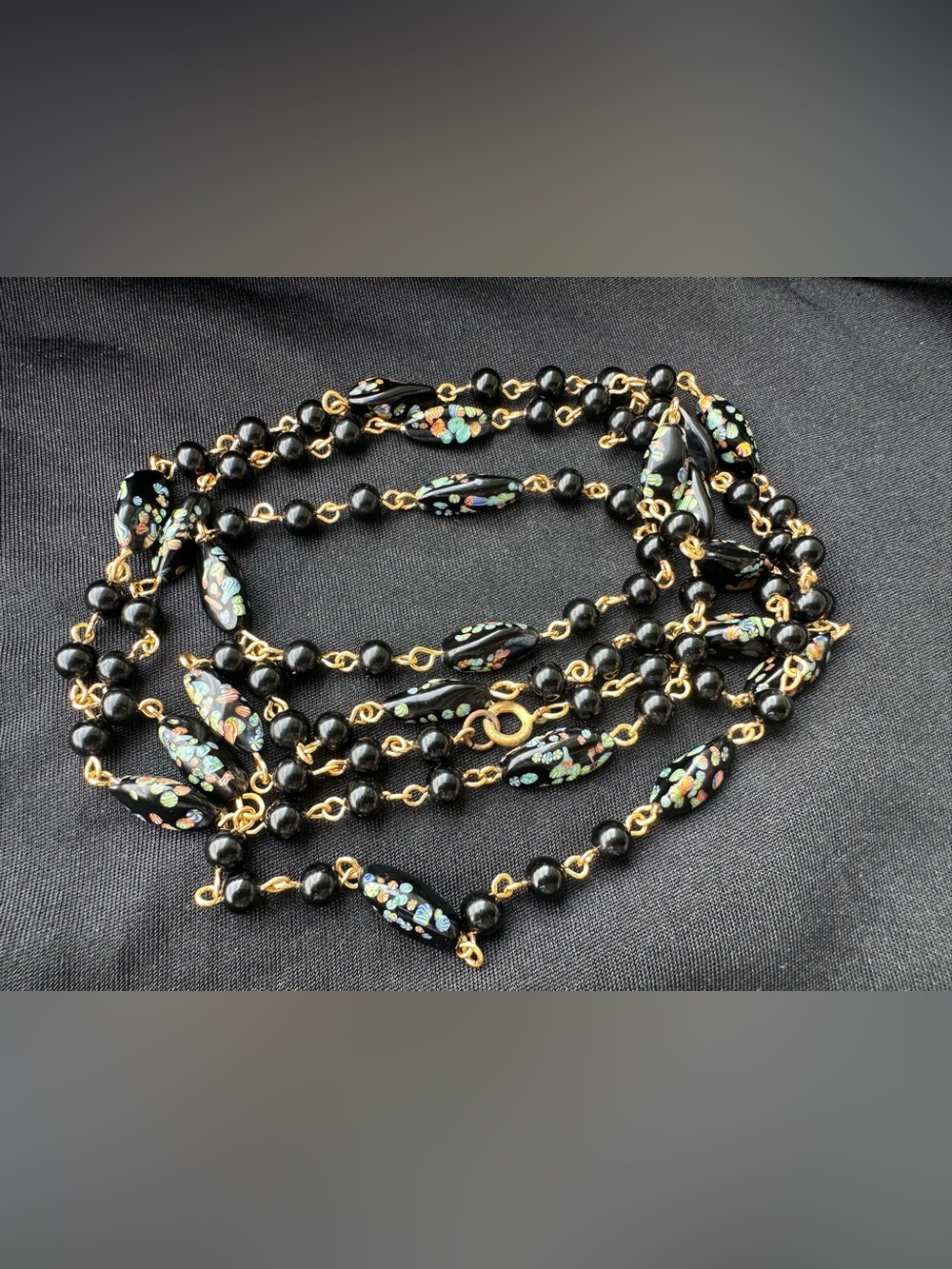 Vintage Black Floral Millefiori Glass Bead 23 inches Necklace